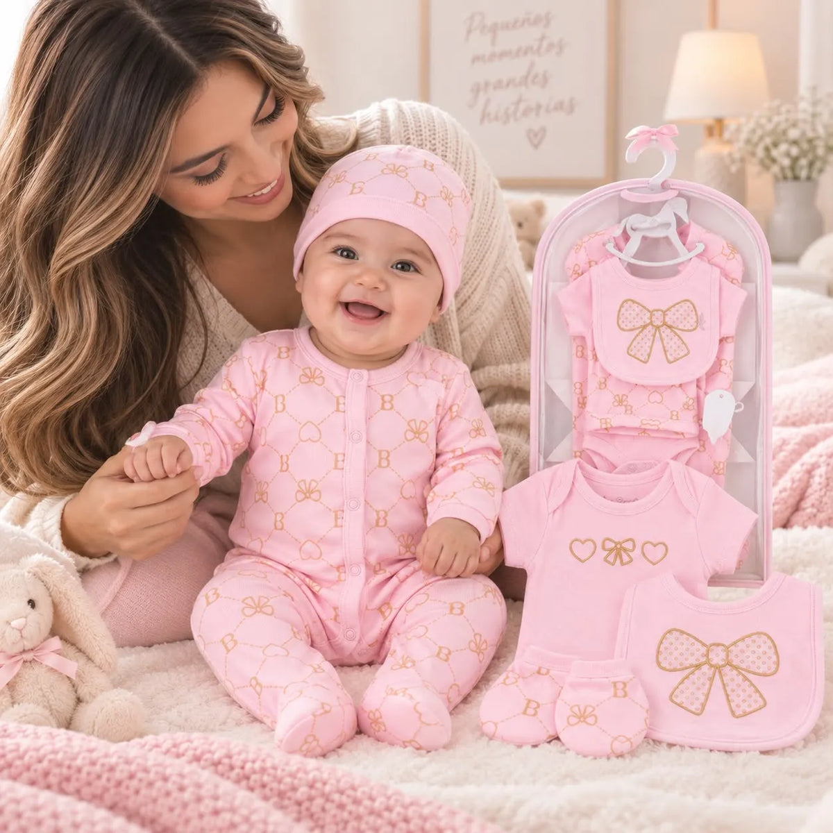 Set de Nacimiento Rosado con Moños y Corazones
